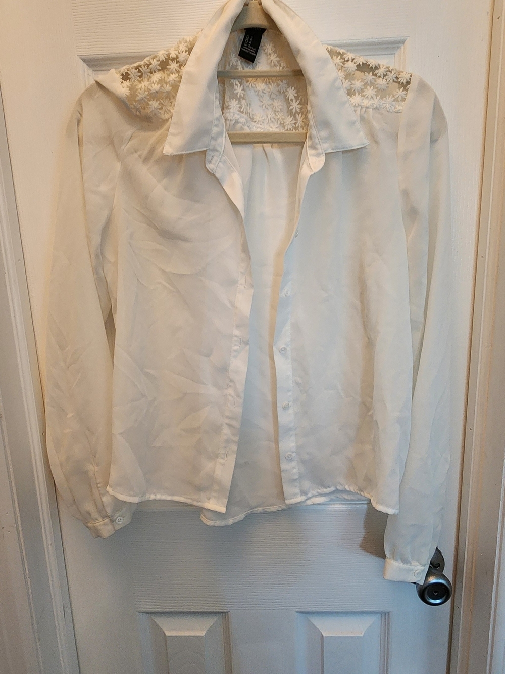 Forever 21 White Sheer Lace-Trim Button-Down Shirt